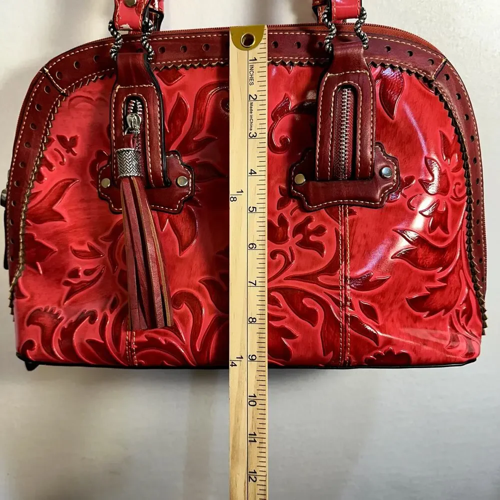 Madi Claire Red Embossed Western Satchel Shoulder Bag Tassel Floral Tooled Purse
